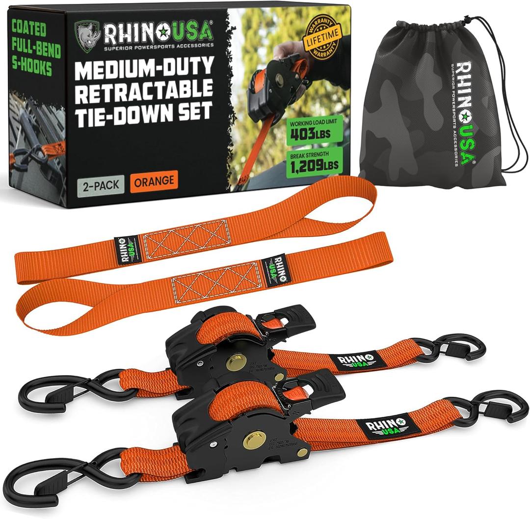 Rhino USA Retractable Ratchet Straps (2-Pack) - 1 Inch x 10 Feet (1,209lb Break Strength) - Auto Self Retracting Tie Down Straps for Truck, Cargo Trailer, Motorcycle, ATV, UTV - Orange