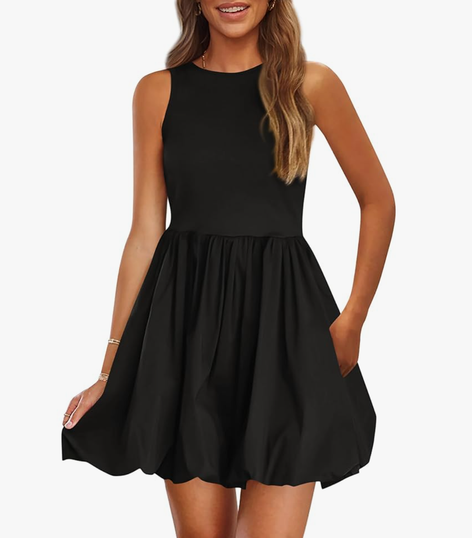 PRETTYGARDEN Summer Dresses for Women 2025 Casual Sleeveless Tank Mini Short Dress Crew Neck Bubble Sundress with Pockets, Size M