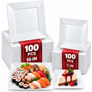 [200PC] PREMIUM Heavy Duty Plastic Plates - White Disposable Plastic Plates, 200 Pack
