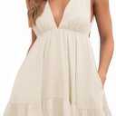 Febriajuce Womens Summer Mini Dress Loose Ruffle Deep V-Neck Backless Strap Solid Casual Short Dresses with Pockets, L, Beige