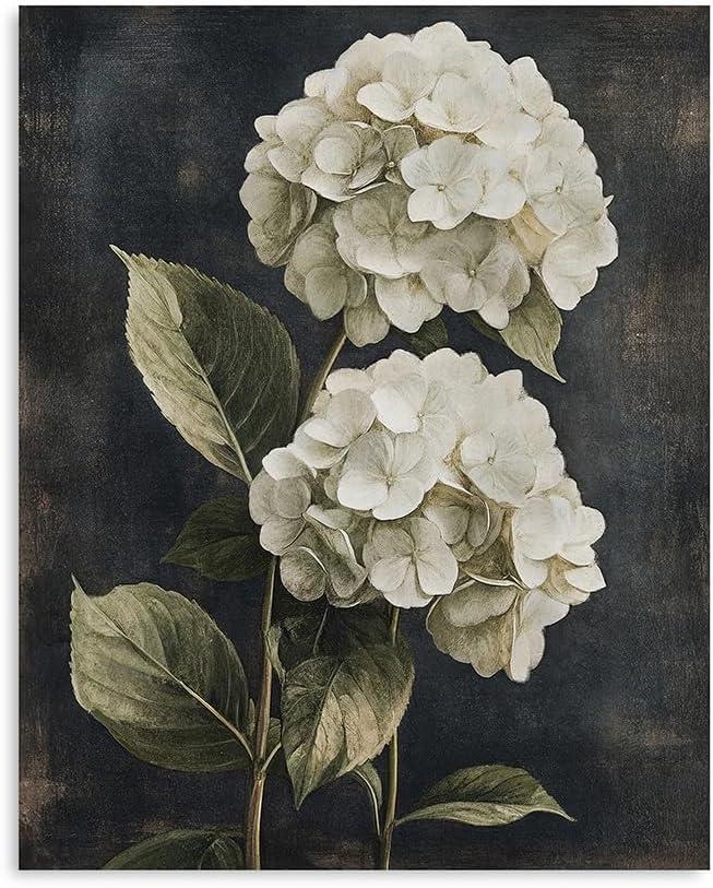 White Hydrangea Flower Canvas Wall Art | Vintage Botanical Floral Print | Farmhouse Rustic Plant Artwork for Bedroom Living Room Office Wall Decor | Ready to Hang Nature Gift | 12x15 inch