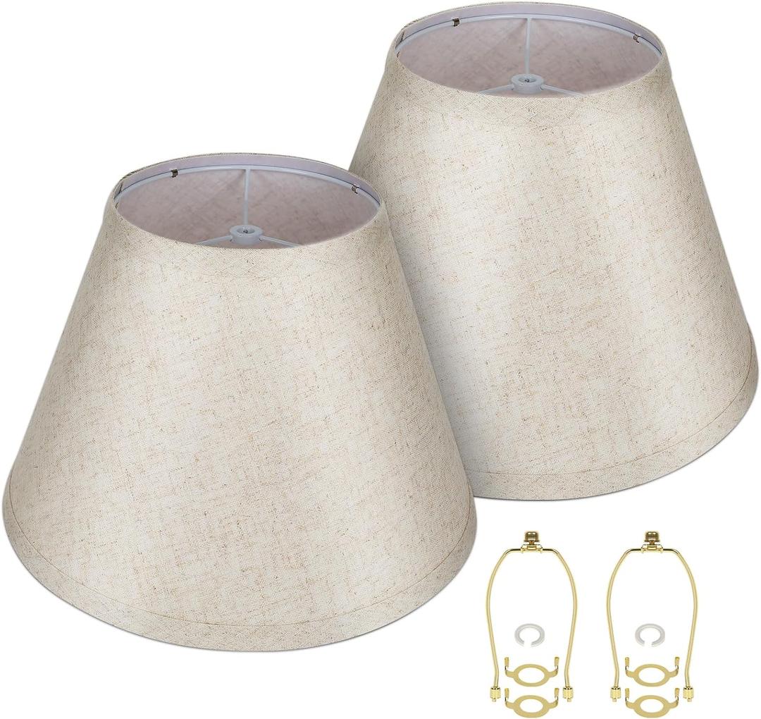 ALUCSET Lamp Shades Set of 2, Medium Brown Lampshade 7x13x9 inch, Barrel Lamphades for Table Floor Lamp, Easy Assembly Required Fabric Natural Linen Lamp Cover, Double Lamp Shade Harp Holder Included (Fold-2 Pack)