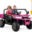 Costzon Ride On Dump Truck with Remote Control, 12V Electric Kids UTV w/Electric Dump Bed, Rocking Function, Shovel, 4 Spring Suspensions, Wireless Design, 2-Seater Ride on Car Gift for Kids (Pink)