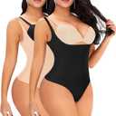 Thong Shapewear Bodysuit for Women Tummy Control Open Bust Body Shaper Slimmer Shaping Thong (Small, #1 Black+beige(mix Pack))