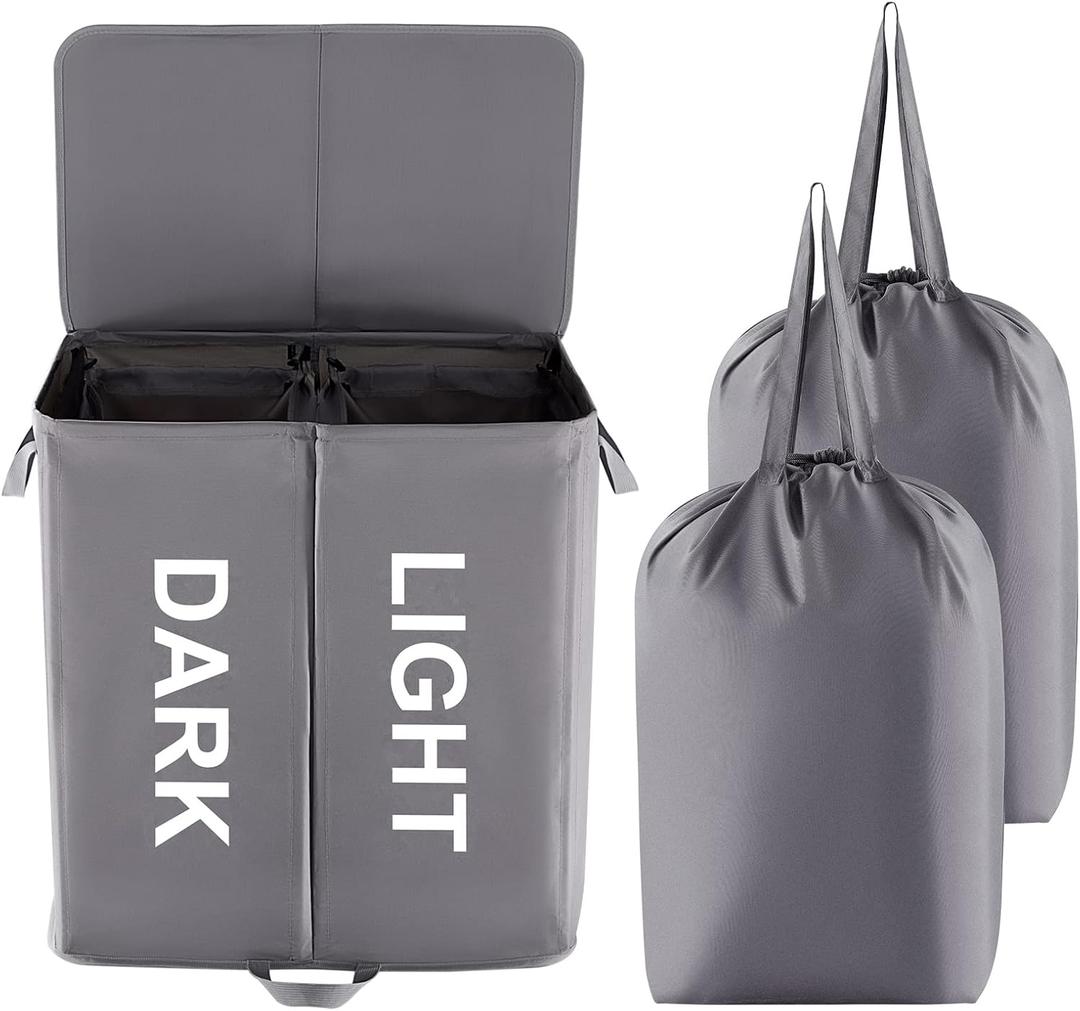Lifewit 136L Double Laundry Hamper with Lid and Removable Laundry Bags, Large Divided Hamper, Collapsible 2 Section Laundry Basket with Handles for Bedroom, Bathroom, College Dorm, Laundry Room, Grey