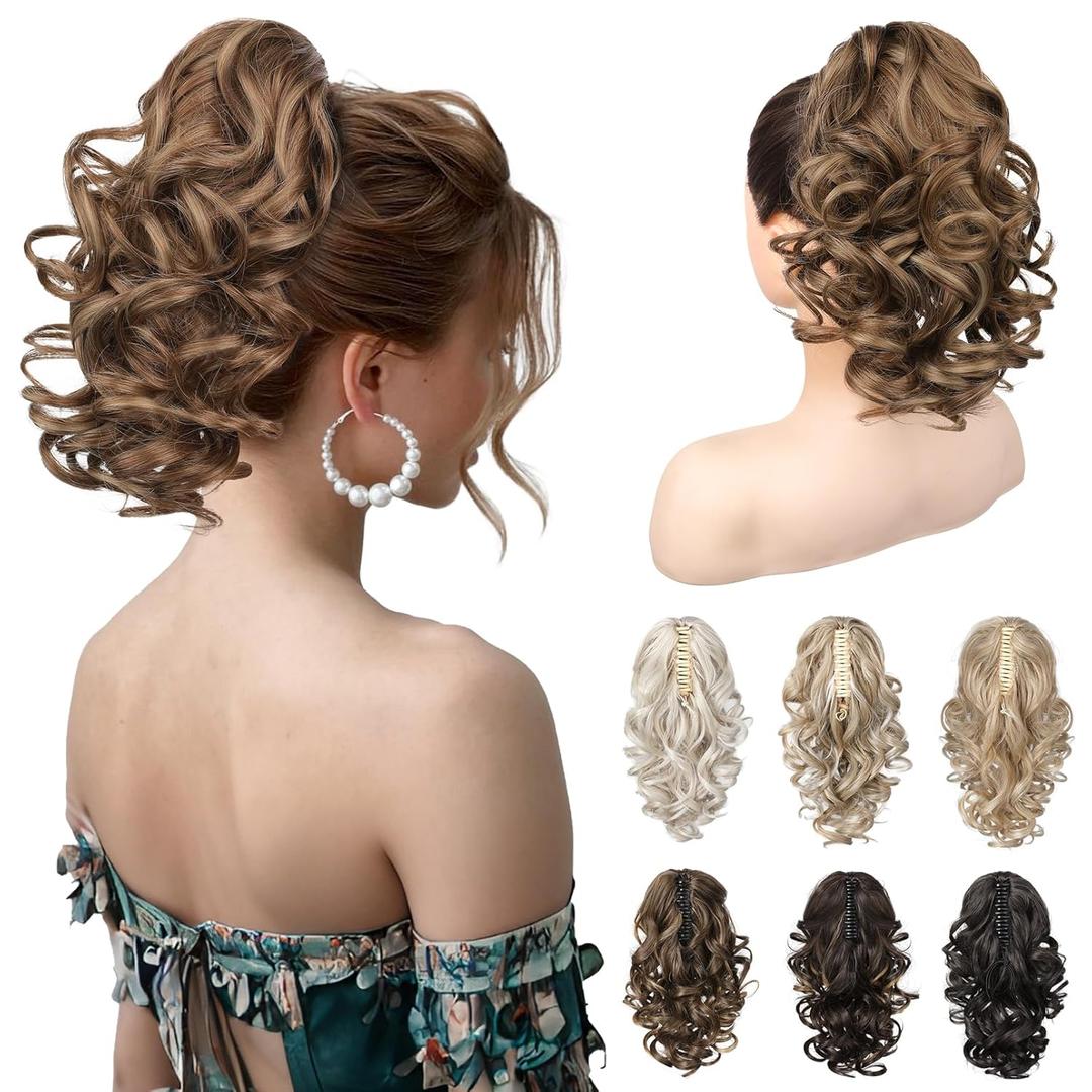 REECHO 12" Ponytail Extension, Classic Loose Curly Wavy Claw Clip Pony tails Hair Extensions Hairpieces for Women (Light Brown with Blonde Highlights)