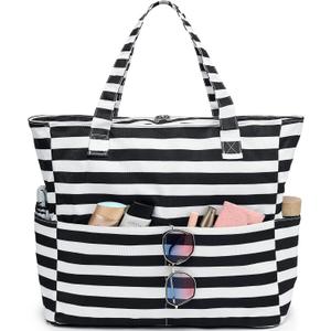 LEDAOU Beach Bag Waterproof Sandproof Women Tote Bag Pool Bag with Zipper for Gym Grocery Travel with Wet Pocket (Black White Stripe)