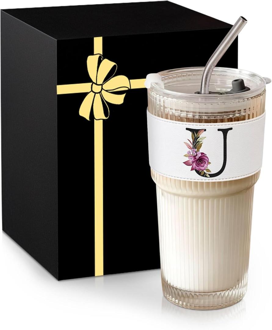 Monogram Glass Cup with Lid Straw Ribbed Ice Tea Coffee Matcha Women Lady National Latte Tumbler Boss Day Gifts Birthday Farewell Leaving Retirement Holiday Appreciation Funny Personalized Present U