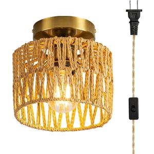 Ceiling Light Boho Light Fixtures Ceiling Mount,Mini Rattan Chandelier Light Fixture with Dimmable LED Bulb,Hand Woven Ceiling Light Fixtures