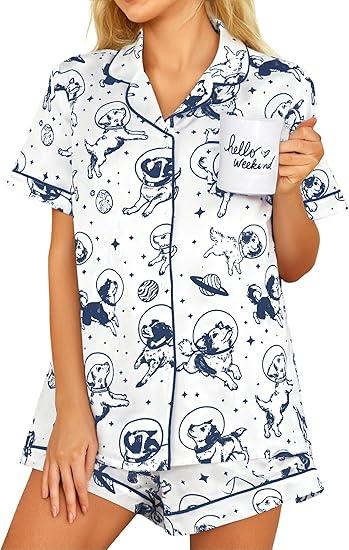 Pajamas for Women Set Short Sleeve Animal Graphic Pajamas Cute Printed Pajama Sets Button Down Pjs Sleepwear, Small