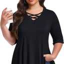 LARACE Elbow Sleeve Cross-Tie V-Neck Plus Size Tops for Women's Half Sleeves Tunic Shirts Blouse Spring Summer Fall Clothes (Black, XXXL)