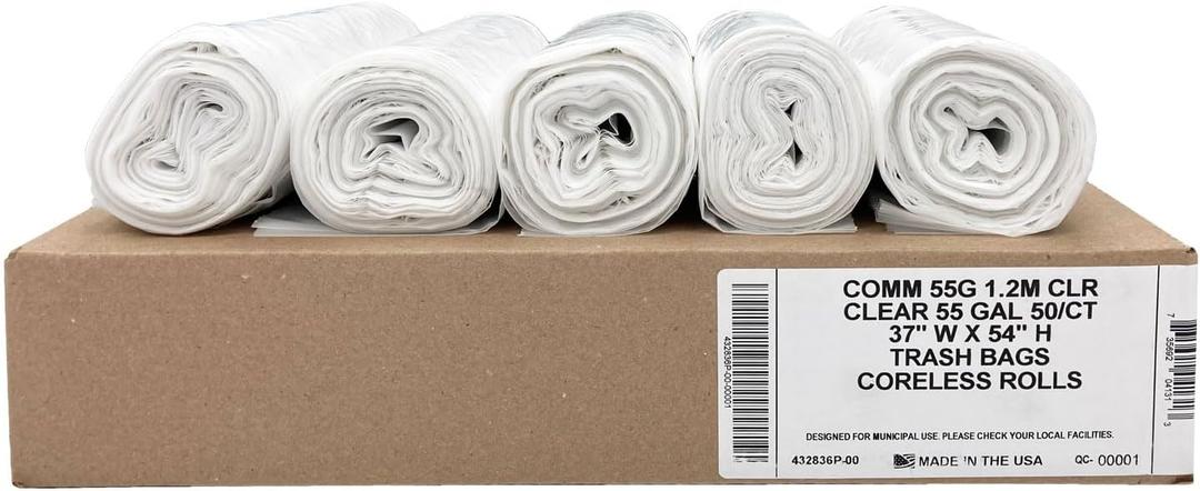 Ultrasac Heavy Duty 55 Gallon Clear Trash Bags - (Value 50 Pack) - 1.2 MIL equivalent Industrial Strength Plastic 37" x 54" for 50-55 Gal Cans -Fits Toter, Rubbermaid Brute, Carlislie Bronco etc.