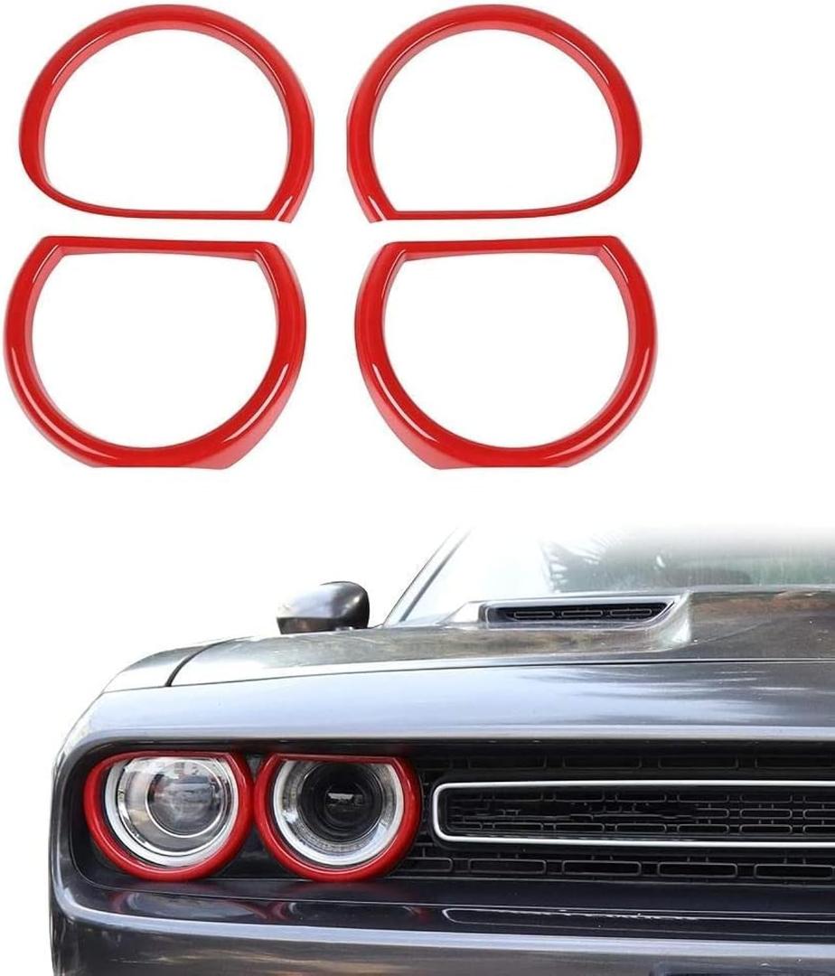 Voodonala for Challenger Headlight Headlamp Accents Enhancements Cover Bezels Ring Cover Trim for 2015-2025 Dodge Challenger Exterior Accessories ABS Red, 4pcs