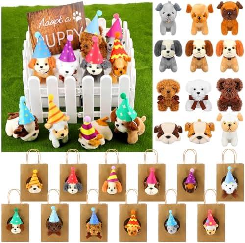 Blueweenly 45 Pcs Adopt a Dog Party Favors Mini Plush Stuffed Animals with Birthday Hats 12 Mini Puppies 12 Birthday Hats 12 Bags 8 White Plastic Fence and a Small Board for Adopt a Pet Party