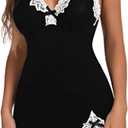 MakeMeChic Women's 2 Piece Lingerie Set Floral Lace Bow Knot Cami Dress and Thongs Set, Size: M