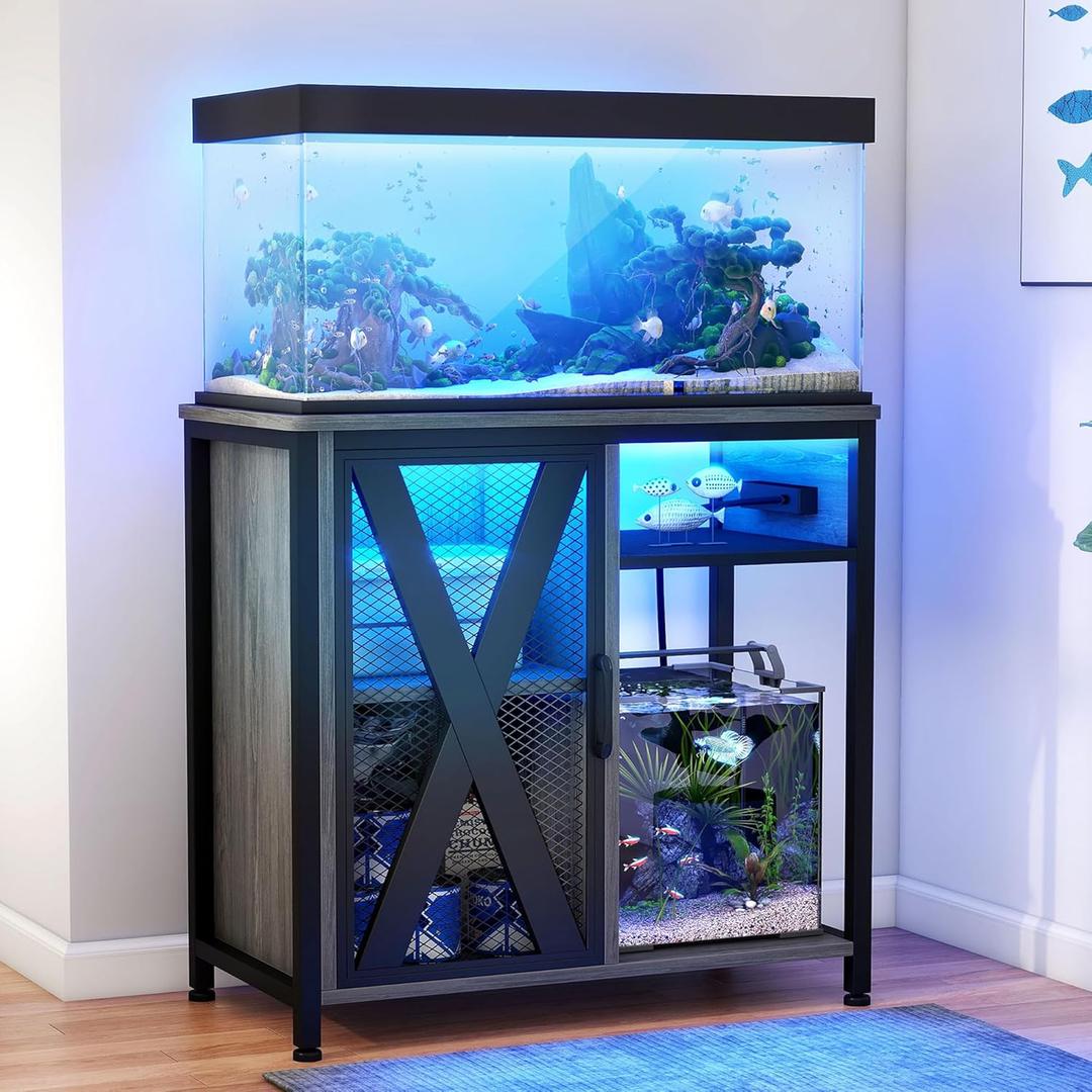 DWVO 29 Gallon Aquarium Stand with Power Outlets & LED Light, Cabinet for Fish Tank Accessories Storage - Metal Fish Tank Stand Suitable for Turtle Tank, Reptile Terrarium, 350LBS Capacity, Grey