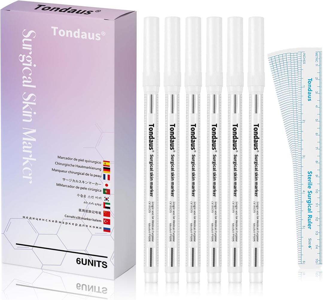 6Pcs Professional Surgical Tip Skin Marker Pen White Stencil Markers Pen with Paper Ruler for Eyebrow, Tattoo Skin Marking Individually Wrapped 1.0 MM