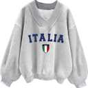 WDIRARA Women's V Neck Letter Graphic Oversized Sweatshirt Long Sleeve Drop Shoulder Pullover Top (Grey)