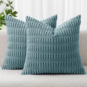 MIULEE Pack of 2 Corduroy Decorative Throw Pillow Covers 18x18 Inch Soft Boho Striped Pillow Covers Modern Farmhouse Home Decor for Summer Coastal Sofa Living Room Couch Bed Coastal Blue