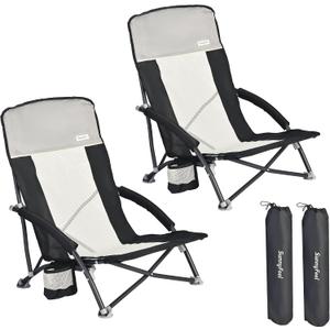 SUNNYFEEL Folding Low Camping Beach Chair 2 Pack, Lightweight Portable Lawn Chair with Mesh Back, Cup Holder for Outdoor/Travel/Picnic/Concert, Foldable Camp Backpack Chair with Carry Bag, Large