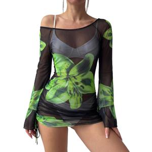 ZAFUL Womens Swimsuit Cover Up Dress Off Shoulder Hollow Coverup Bathing Suit Mesh Swim Beach Dress (Medium, green)