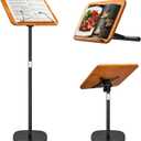 2 in 1 Dual-use Music Stand & Desktop Book Stand, Adjustable Height 16.5"-51", 100% Solid Wood Laptop Floor Stand Book Holder with Page Clips for Cookbooks, Sheet Music (Brown)