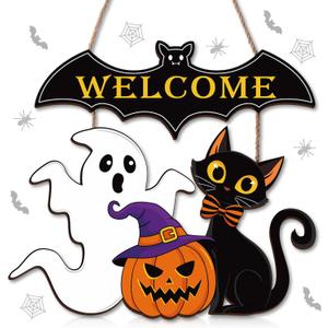 Capoda Halloween Wooden Door Signs Ghost Welcome Wreath Decorations Pumpkin Bat Black Cat Front Door Hanging Sign Halloween Wall Hanger for Farmhouse Indoor Home Outdoor Party Decor