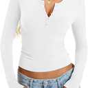 EasyGala Womens Cotton Long Sleeve Shirts V Neck Henley Tops Slim Fit Basic Going Out Tshirts Fall Fashion Outfits 2025 White S