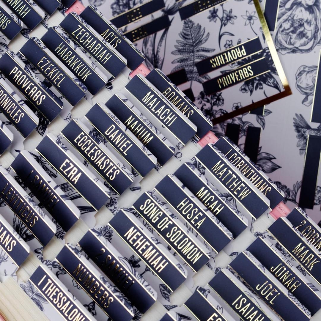 UPAFEXXI-Laminated Bible Tabs for Women and Men (Gold Foil Embossed Lettering) Reposition Large Print tabs, Easy to Read and Apply, 80 Bible Chapters Labels for Easy Navigation (Floral) (White and Bule)