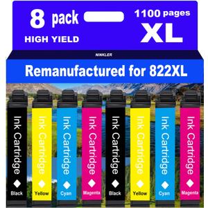 Remanufactured for Epson 822 Ink Cartridges for 822XL T822 Workforce Pro WF-3820 WF-3823 WF-4820 WF-4830 WF-4833 WF-4834 Printer 8 Pack 2 Black 2 Cyan 2 Magenta 2 Yellow