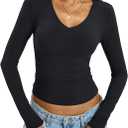 Womens Cotton Long Sleeve Shirts V Neck Slim Fit Tops Basic Tees Going Out Outfits 2025 Fall Spring (Medium, Black)