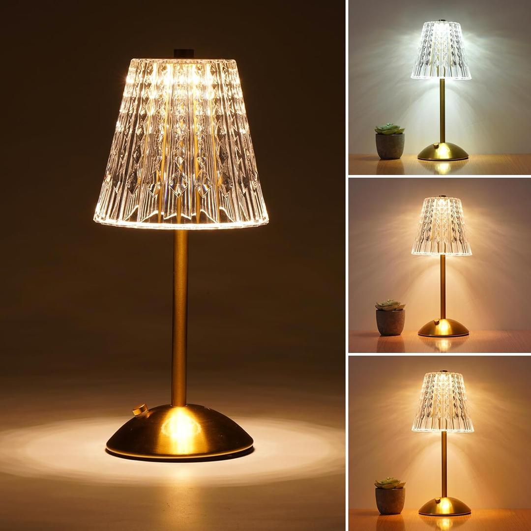 Rechargeable Cordless Table Lamp, Touch Control Crystal Desk Lamp with 3500mAh Battery, 3 Color Dimmable LED Small Lamp for Bedroom Bedside Restaurant Kitchen Home Decor, Gold