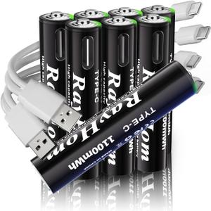 USB Rechargeable Lithium Batteries AAA - 8-Pack Triple A Batteries, Rechargeable AAA Li-ion Battery with 2 USB-C 2-in-1 Charging Cable, 1.5V 1100mWh, Charges 1.5 Hours, Over 1000+ Cycles
