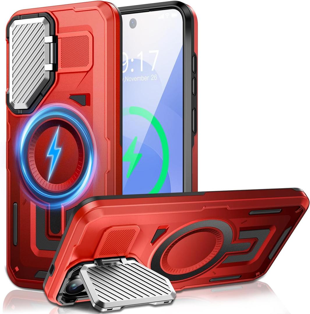 Camera Stand Case for Galaxy S25 Edge, [Compatible with MagSafe][Lens Cover] 2025 Version Military Grade Protective Soft Case for Samsung Galaxy S25 Edge 6.7" Men Women, Red