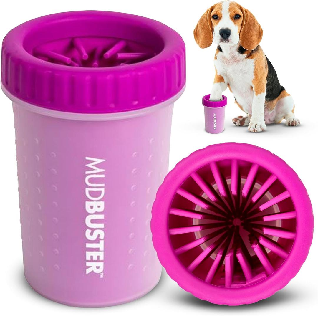 Dexas MudBuster Medium Dog Paw Cleaner in Fuchsia - Fits 1.5"-2.5" Wide Paws, Portable Paw Washer for Muddy Paws, Dog Paw Cleaning Cup with Gentle Silicone Bristles, Quick Clean Pet Paw Washer