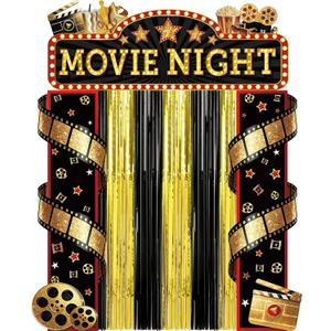 5Pcs Movie Night Porch Sign Banner with Black and Gold Foil Fringe Film Themed Backdrop VIP Entrance Photography Background Red Carpet Party Decoration for Graduation Home Outdoor Movie Party Supplies