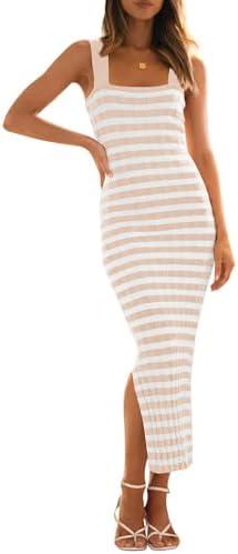 MEROKEETY Women's 2025 Summer Bodycon Midi Dress Vacation Sleeveless Ribbed Knit Striped Sweater Dresses SIZE XL