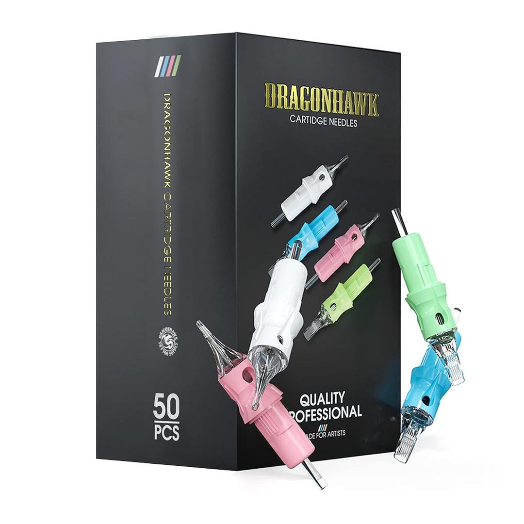 Dragonhawk Tattoo Cartridges Needles for Studio Artists, Disposable Standard Tattoo Needles Kit by Dragonhawklabs, 50Pcs Mixed Sizes 1207RM, 1209RM, 1211RM, 1213RM, 1215RM