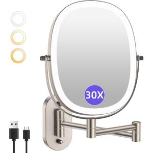 FUNTOUCH 30X/1X Wall Mounted Lighted Makeup Mirror,5000mAh Rechargeable Double Sided Magnifying Bathroom Lighted Mirror, 3 Color Modes Touch Dimmable Extended Arm 360 Rotation, Brush Nickel