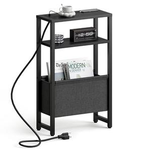 IRCPEN Narrow Side Table with Charging Station, Slim End Table with Magazine Rack, Bedside Table for Small Spaces, 3 Tier Sofa Couch Table Nightstand for Living Room, Bedroom, Black LET503BE