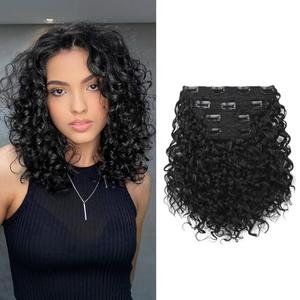 FLUFYMOOZ 4PC Clip in Hair Extensions, 10 Inch 100％ Pure Protein Silk Short Hairpiece Deep Curly Wavy Hair Extensions Clip in Natural Soft Hairpiece for Women, Black