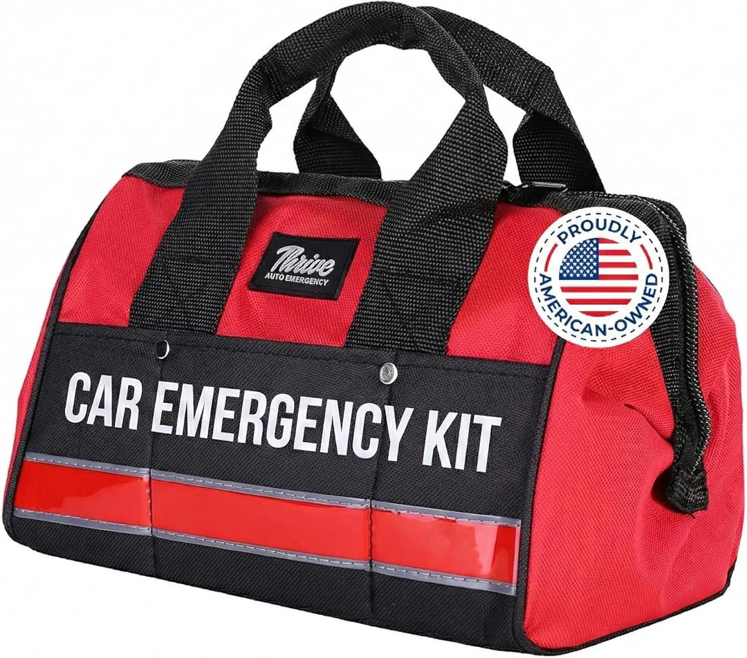 Thrive Car Emergency Kit & Roadside Emergency Car Kit - 104-Piece Set, Red Canvas Bag, Universal Fit - Jumper Cables, Escape Hammer & Tire Gauge - Road Trip Essentials & Emergency Supplies