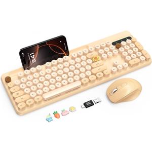Wireless Keyboard and Mouse Combo, Retro Round Keycaps, Full-Size Stylish Typewriter Keyboard with Phone/Tablet Holder, Ergonomic Mouse with 3-Level DPI, 2.4GHz Connection for Windows/PC (Milk-Tea)