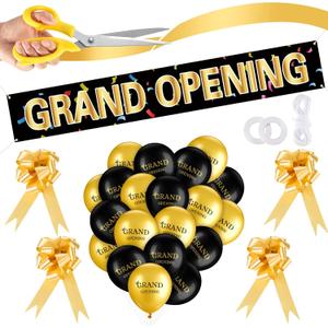 Grand Opening Ribbon Cutting Ceremony Kit Grand Opening Banner Decorations with 10'' Scissors 40 Pcs Balloons Satin Ribbon Bows and More Supplies for Business Events(Black Gold)