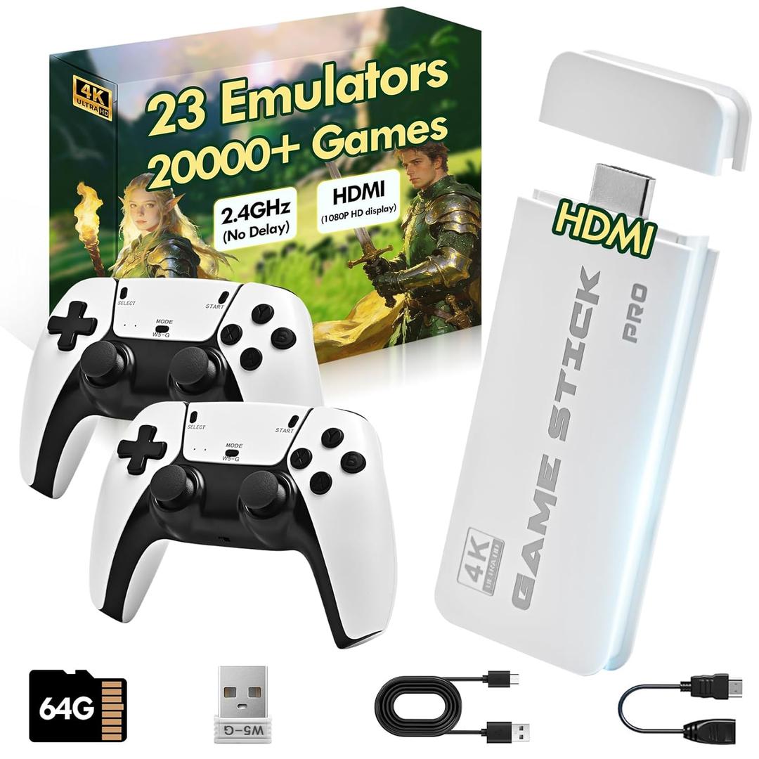 2026 Game Stick 4k 20,000 Games, Retro Gaming Console with Built-in 23 Emulators, HDMI Output, 64G TF Card, 2 Wireless Controllers, Plug and Play