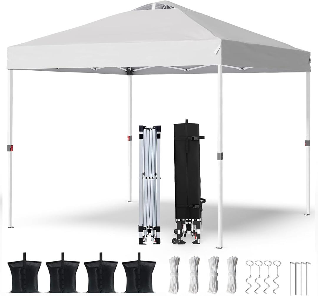 Shades 10x10 Pop Up Canopy with One Push Setup,Heavy Duty Beach Tent with Wheels for Easy Moving, Sun Shelter for Parties,Events, Outdoor Gazebo with 420D Coated Waterproof White Fabric