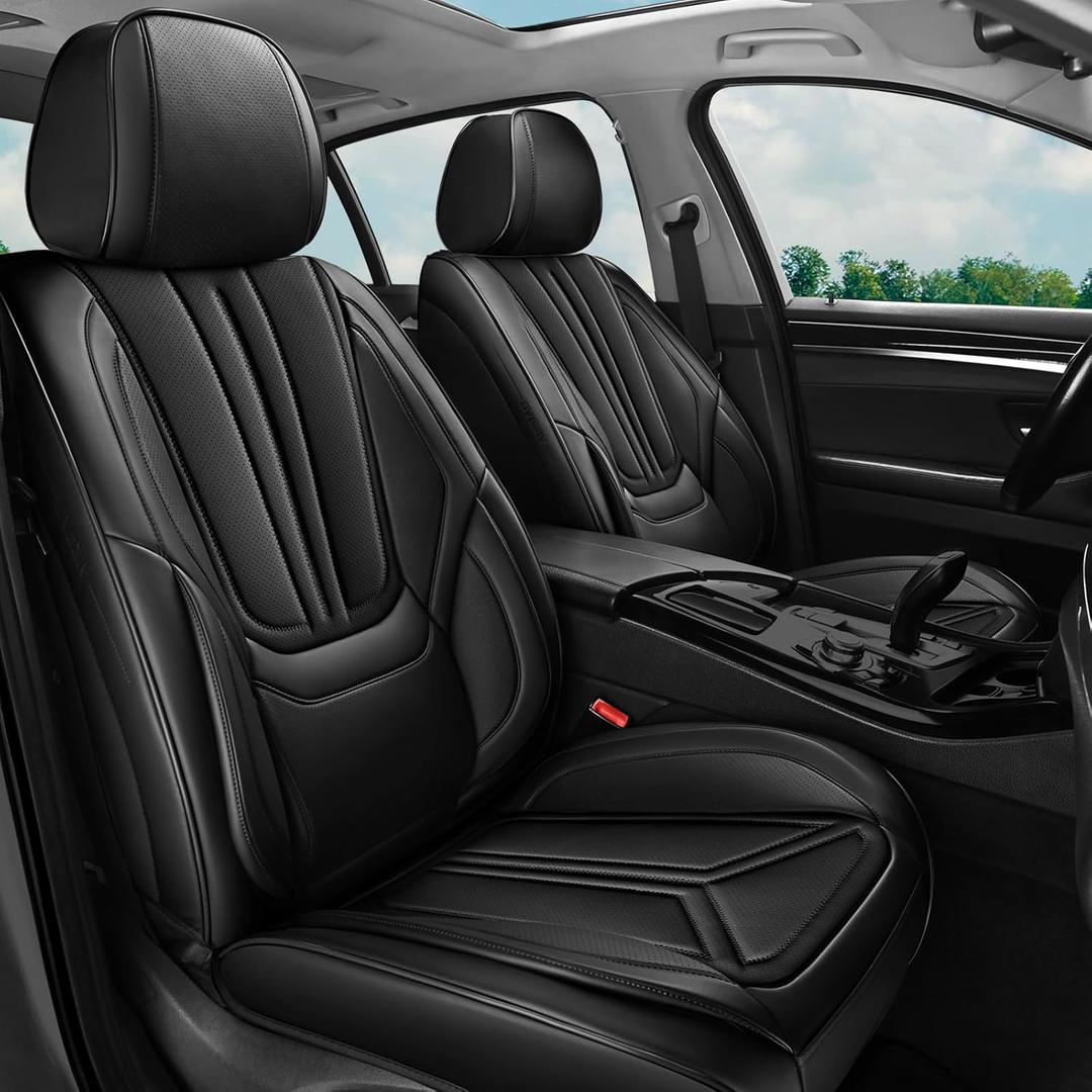 Car Seat Covers, Premium Leather Car Seat Covers, Waterproof and Breathable Seat Covers, Universal Car Seat Protector Fit for Cars, Trucks, SUVs, Pick-ups (Black, FullSet)