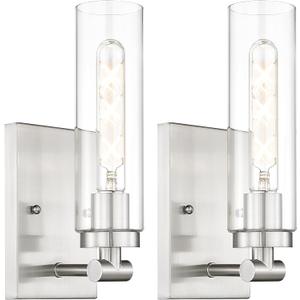 Emak Modern Wall Lights, Brushed Nickel Sconces with Clear Glass Shade, 2 Light Bathroom Vanity Light for Bathroom, Mirror, Living Room, Bedroom, Gallery, WS086-BN-CG-2PK