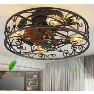 20" Caged Ceiling Fan With Light And Remote，bladeless Ceiling Fan 6 Speed Reversible With 4 Bulbs and Remote Control. With Lights for Bedroom, Dining Room