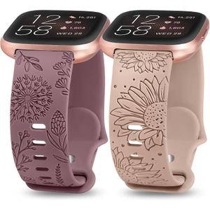 Minyee 2 Packs Floral Engraved Band Compatible with Fitbit Versa 2/Fitbit Versa/Versa Lite Bands Women, Cute Soft Silicone Sunflower Dandelion Sport Designer Fancy Summer Strap for Versa 2 Smart Watch